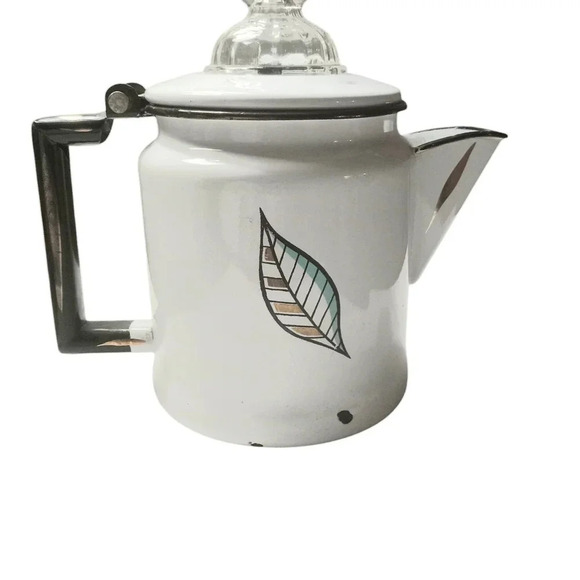 Vintage Georges Briard Ambrosia Enamel Coffee Pot Percolator Fire King Glass Top - Picture 2 of 9